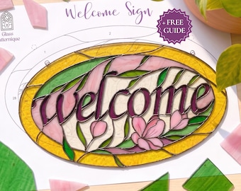 Welcome Sign Stained Glass Pattern, PDF Template for New Home Gift (Digital Download)