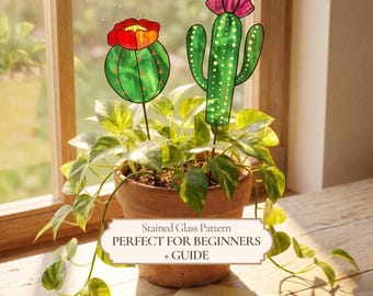 Stained Glass Plant Stakes Pattern, Cactus Decor (PDF Template)
