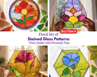 Floral Set of Stained Glass Patterns, PDF Template for Botanical Wall Art (Digital Download)