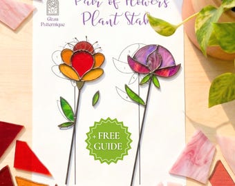 Flower Stained Glass Patterns, Plant Stake Garden Ornaments (PDF Template)