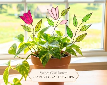 Flower Stained Glass Patterns Bundle, Plant Stake Botanical Art (PDF Template)