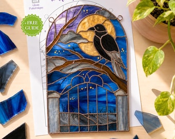 Raven and Moon Stained Glass Pattern, PDF Template for Gothic Home Decor (Digital Download)