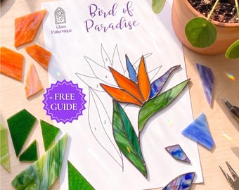 Bird of Paradise Stained Glass Pattern, DIY Suncatcher Botanical Art (A4/A3/PNG)
