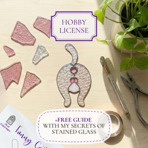 May include: A stained glass cat butt with pink and clear glass pieces, tools, and text that reads "HOBBY LICENSE" and "+FREE GUIDE WITH MY SECRETS OF STAINED GLASS". The image is on a light wood surface.