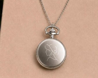 Personalisierte Taschenuhr Halskette - Individuell gravierter Name oder Design Anhänger, Vintage Glattes Medaillon, Lange Pullover Halskette Geschenk