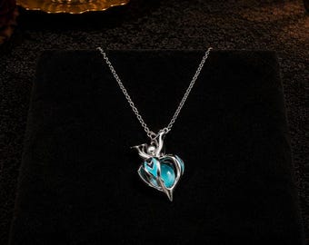Celestial Aqua Heart Necklace – Blue Crystal Pendant, Fantasy Silver Jewellery, Elegant Ethereal Charm Gift