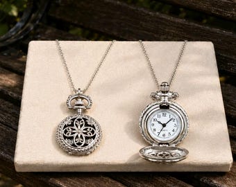 Vintage Pocket Watch Necklace – Hollow Petal Pendant, Long Sweater Necklace, Floral Locket Style Jewellery Gift