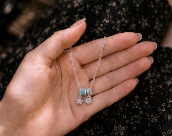 Stern Anhänger Halskette, Kristall Anhänger, funkelnder Mond und Stern Schmuck, zierliche Halskette, Geschenk für Sie