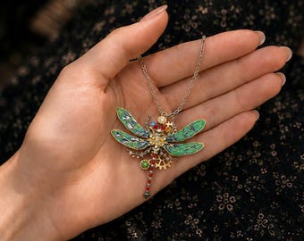 Vintage Mechanische Libelle Halskette - Steampunk Insekt Anhänger, Emaille Pullover Kette, Retro Kleid Schmuck Geschenk
