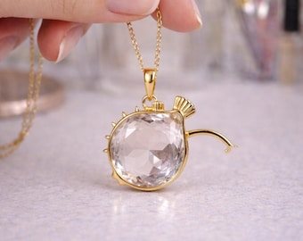 Cute Gold Puffer Fish Pendant Necklace with Crystal Centre - Handmade Playful Ocean Charm Necklace Gift for Her