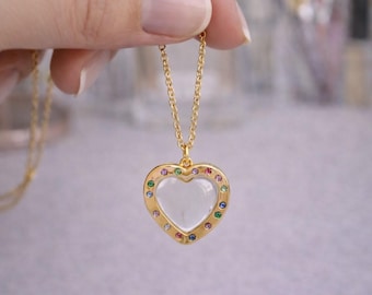 Colourful Heart Pendant Necklace - Customisable with Transparent Box, Gold-Coloured, Perfect Gift for Her