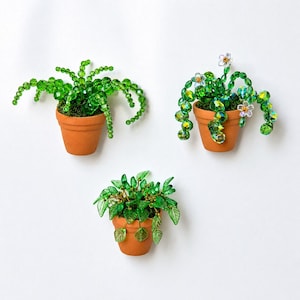 Peut inclure: Trois plantes miniatures en pot fabriquées à partir de perles vertes et de fil métallique, chacune dans un petit pot couleur terre cuite. Une plante a des vignes perlées tombantes, une autre des fleurs perlées, et la troisième des perles en forme de feuille.