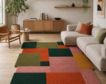 Hand Tufted Geometric Rug, Modern Abstract Wool Carpet, Scandinavian Color Block Home Decor