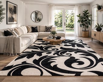 Black White Floral Hand Tufted Wool Rug | Modern Botanical Area Carpet (Custom Size)