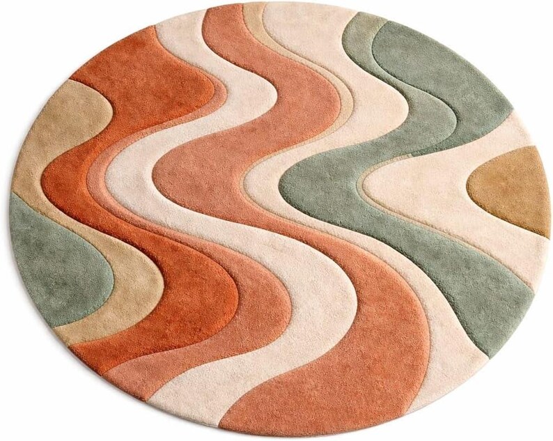 Hand Tufted Wool Abstract Wave Round Rug, Earth Tone Modern Living Room ...