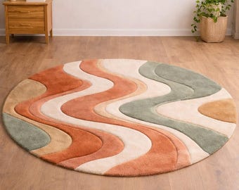 Hand Tufted Wool Abstract Wave Round Rug, Earth Tone Modern Living Room Carpet