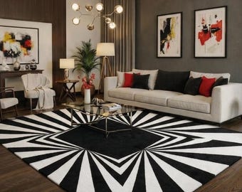 Hand-Tufted Wool Rug – Black White Sunburst Optical Illusion Area Rug