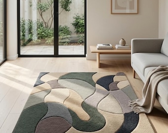 Alfombra abstracta moderna, alfombra neutra con mechones, alfombra geométrica, alfombra contemporánea hecha a mano para sala de estar, decoración minimalista de piso en beige y verde.