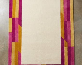 Hand Tufted Wool Area Rug, Geometric Border Design, Cream Teal Mustard Accent Rug