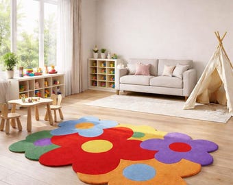 Hand Tufted Floral Rug | Modern Abstract Flower Carpet, Kids Room Decor