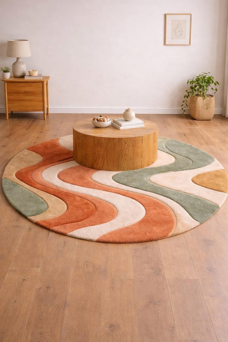 Eclectic Round Wool Rugs Hand Tufted Wool Abstract Wave Round Rug, Earth Tone Modern Living Room ...