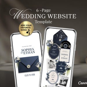 Può includere: Due smartphone che mostrano un modello di sito web di matrimonio di 6 pagine. Il design presenta accenti blu navy, elementi floreali e i nomi "Sophia & Ethan". Un telefono ha un'icona di nota musicale dorata. Il logo Canva è visibile.