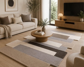 Modern Geometric Wool Rug | Neutral Beige Grey Brown Bands, Hand-Tufted Living Room Carpet
