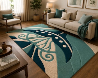 Hand Tufted Wool Abstract Area Rug, Teal Ivory Geometric Designer Carpet