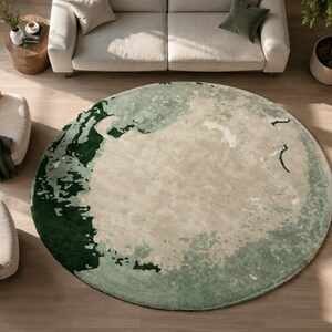 Round Abstract Wool Rug with Green Ivory Watercolor Design – Hand Tufted Modern Bedroom Carpet, Circular Statement Rug for Home Deco
