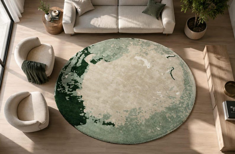 Round Abstract Wool Rug with Green Ivory Watercolor Design – Hand Tufted Modern Bedroom Carpet, Circular Statement Rug for Home Deco