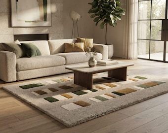 Hand Tufted Wool Rug, Modern Geometric Abstract Area Carpet, Beige Green Home Decor