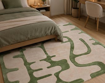 Hand Tufted Plush Organic Rug, Green Beige Modern Living Room Carpet