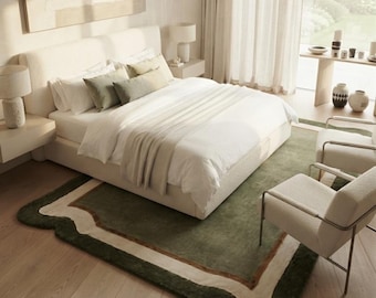 Handmade New Zealand Wool Rug, Organic Border Modern Sage Green Living Room (Custom Size)