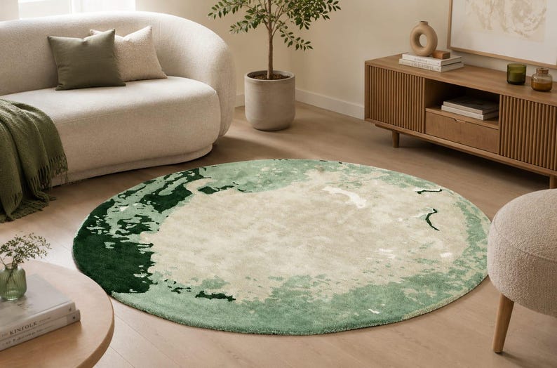 Round Abstract Wool Rug with Green Ivory Watercolor Design – Hand Tufted Modern Bedroom Carpet, Circular Statement Rug for Home Deco