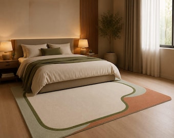 Hand Tufted Wool Rug, Organic Curve Design, Sage Terracotta Beige, Modern Abstract Carpet
