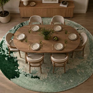 Round Abstract Wool Rug | Green Ivory Watercolor Design, Hand Tufted Home Decor image 2