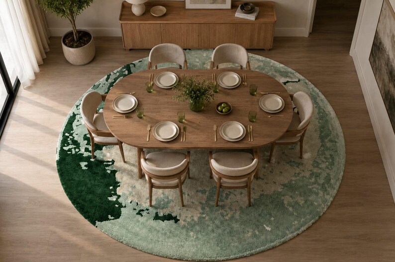 Round Abstract Wool Rug | Green Ivory Watercolor Design, Hand Tufted Home Decor image 2