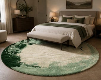 Round Abstract Wool Rug | Green Ivory Watercolor Design, Hand Tufted Home Decor