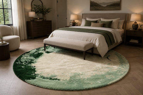 Round Abstract Wool Rug | Green Ivory Watercolor Design, Hand Tufted Home Decor