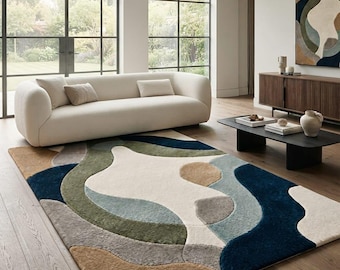 Abstract Wool Area Rug, Navy Green Modern Living Room Rug