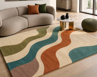Hand Tufted Wool Area Rug, Modern Abstract Wave Carpet, Custom Size Bedroom Floor Rug