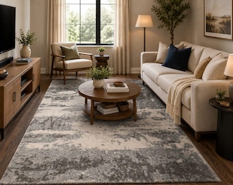Printed Handloom Area Rug, Modern Abstract Distressed Carpet, Soft Living Room Floor Rug