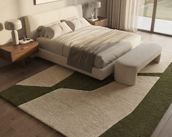 Olive Green Abstract Rug, Modern Beige Wool Area Rug