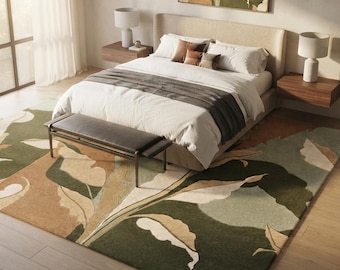 Hand Tufted New Zealand Wool Botanical Area Rug, Modern Green Leaf Carpet, Custom Size