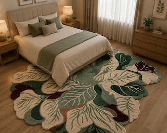 Handmade Abstract Botanical Tufted Wool Rug, Organic Leaf Area Carpet