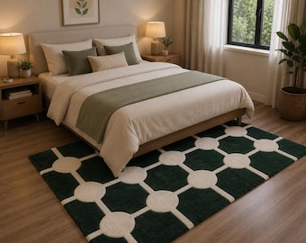 Handmade Geometric Tufted Rug, Dark Green White Scandinavian Carpet