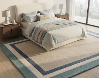 Handmade Tufted New Zealand Wool Blue Border Rug, Area Rug