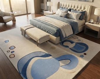 Abstract Blue Wool Rug, Handmade Modern Area Rug