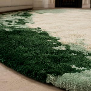 Round Abstract Wool Rug | Green Ivory Watercolor Design, Hand Tufted Home Decor image 4