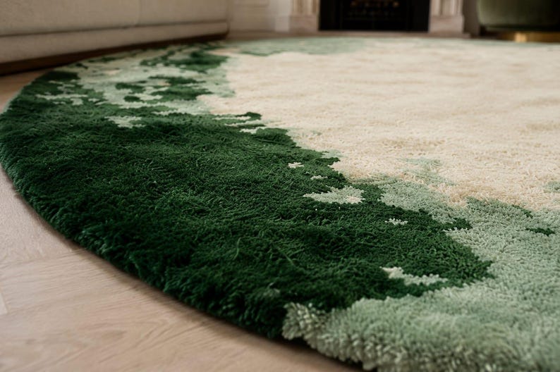 Round Abstract Wool Rug | Green Ivory Watercolor Design, Hand Tufted Home Decor image 4